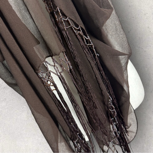 Brown Beaded Fringe Sheer Rectangular Scarf Bohemian Tassel 20" x 36" Wrap Skirt - Picture 9 of 15